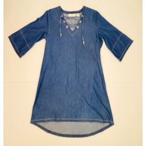 Bleu Bayou Casual Wear Chambray Denim Lace Up Tunic Dress Blue 3/4 Sleeve Size M